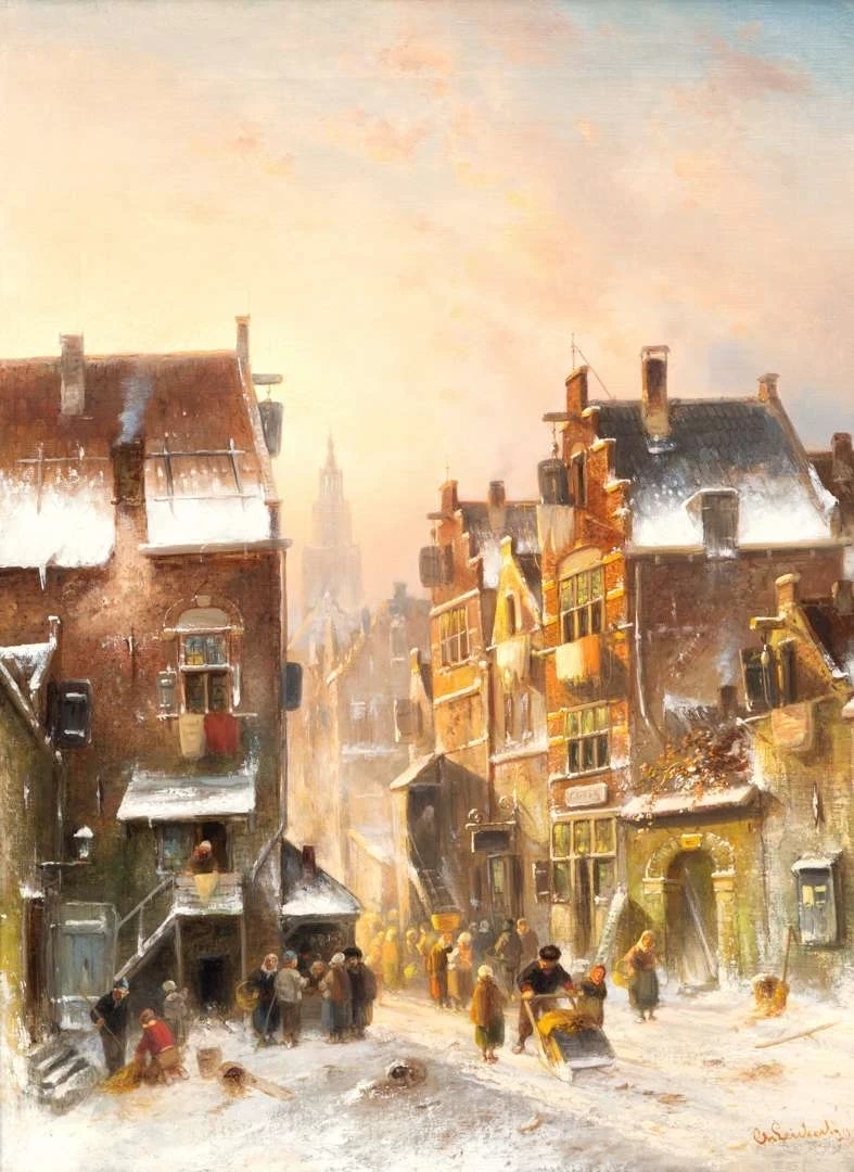 Charles Leickert - Una strada trafficata in una città olandese in inverno, 1899